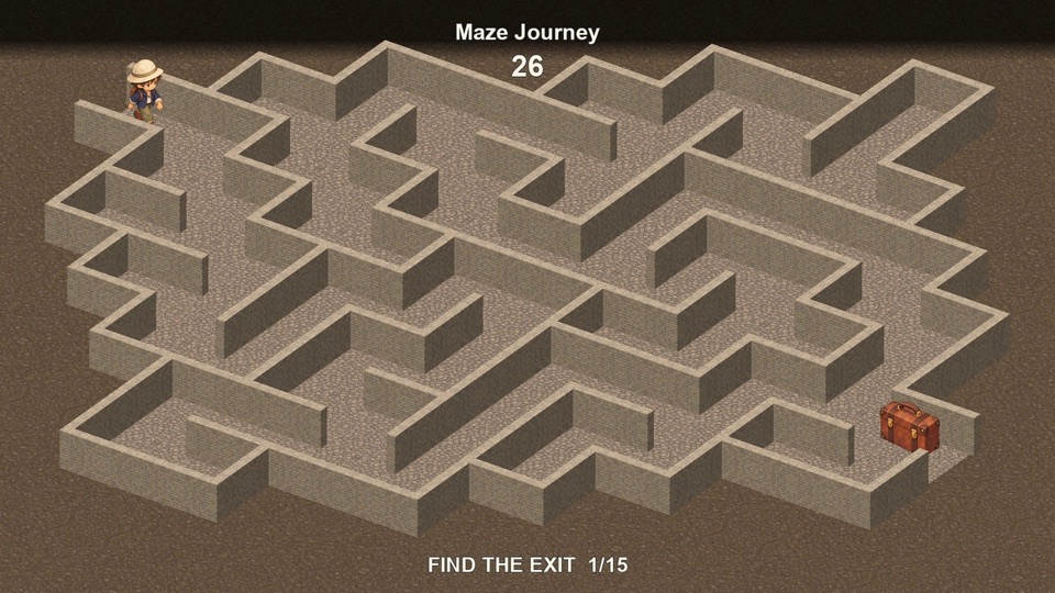 An isometric stone maze with a small traveler at the start and a suitcase at the goal