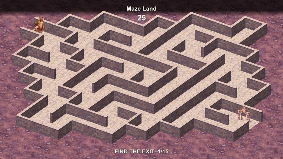 An isometric brick maze in a fantasy town with a gate at the goal